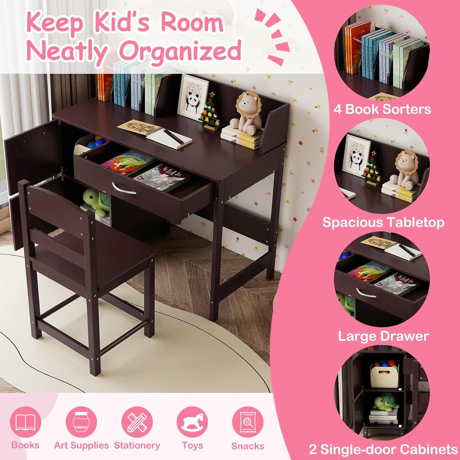 HONEY JOY Kids Desk and Chair Set, Wooden Children School Study Table and Chair w/Drawer, Storage Shelf & Cabinets, Student Computer Workstation Writing Desk for Bedroom, 3-8 Years Old (Dark Brown)
