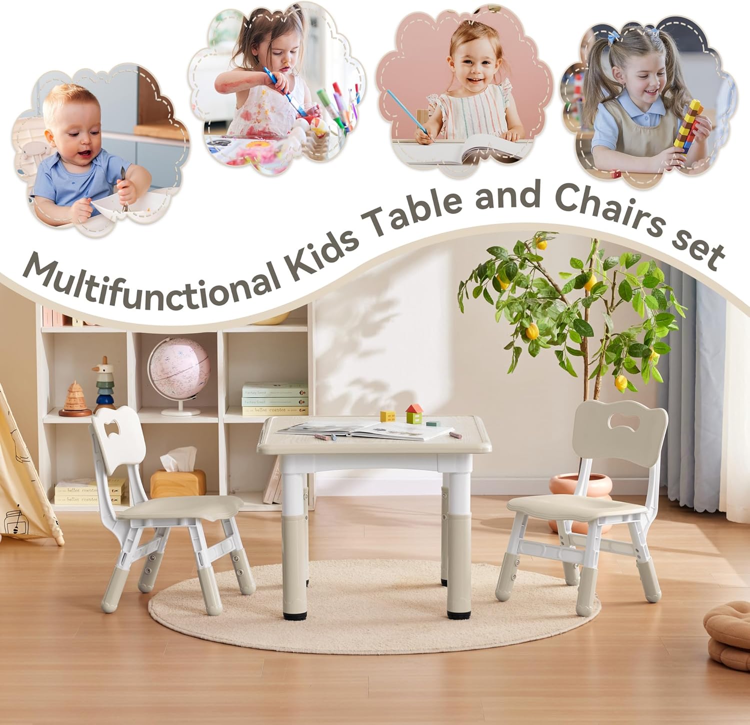 GITAWUSA Kids Study Table and Chairs Set, Height Adjustable Toddler Table and Chair Set for Kids Ages 3-8, 23.6" L x 23.6" W Graffiti Desktop Plastic Children Art Table with 2 Seats, Burlywood