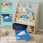 EXPERLAM 4 Tier Kids Bookshelf with Storage Bins, Solid Wood Toddler Book Shelf and Toy Organizer, Sling Book Rack for Kids Room, Nursery, Playroom, Blue