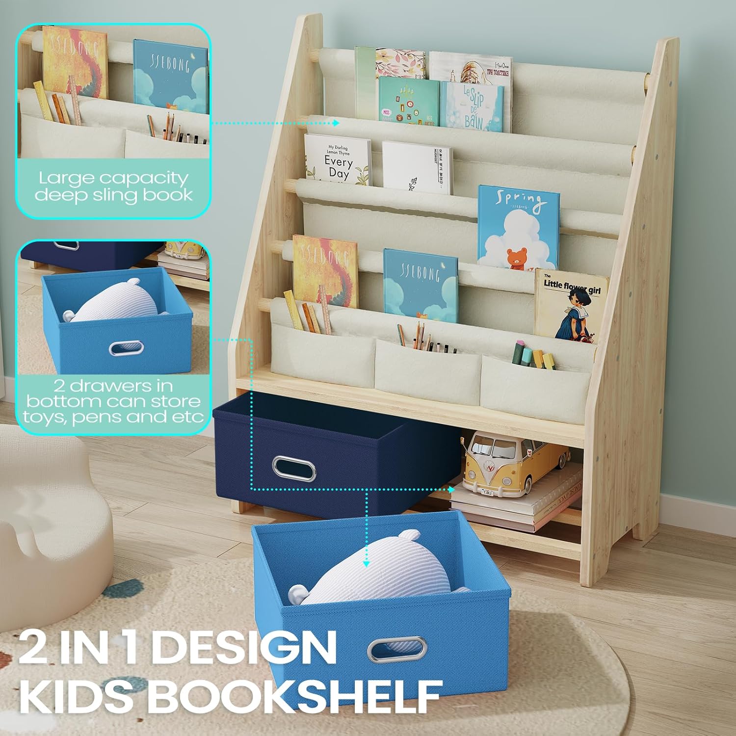 EXPERLAM 4 Tier Kids Bookshelf with Storage Bins, Solid Wood Toddler Book Shelf and Toy Organizer, Sling Book Rack for Kids Room, Nursery, Playroom, Blue