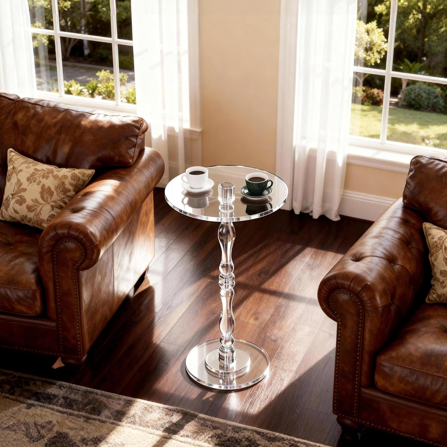 Acrylic Side Table, Classic Roman Column Pedestal End Table for Living Room, Bedroom,Balcony，Easy Assembly (Clear, Large)