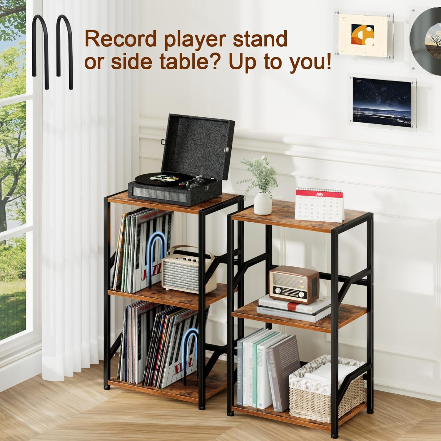 LOAKEKEL Record Player Stand, Vinyl Record Storage Up to 200 Albums, 3 Tier End Table with Removable Dividers, Tall Side Table for Living Room, Bedroom, Rustic Brown, HETCD010BR-1