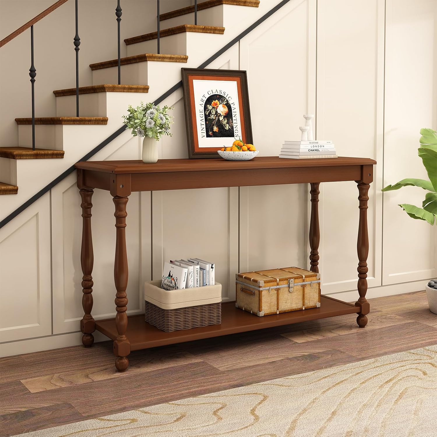 50" Vintage Farmhouse Console Table, Solid Wood Couch Table Behind Sofa with Storage Shelf, Long Entryway Table, Narrow Console Stand, Hallway Table for Entryway, Living Room, Vintage Brown