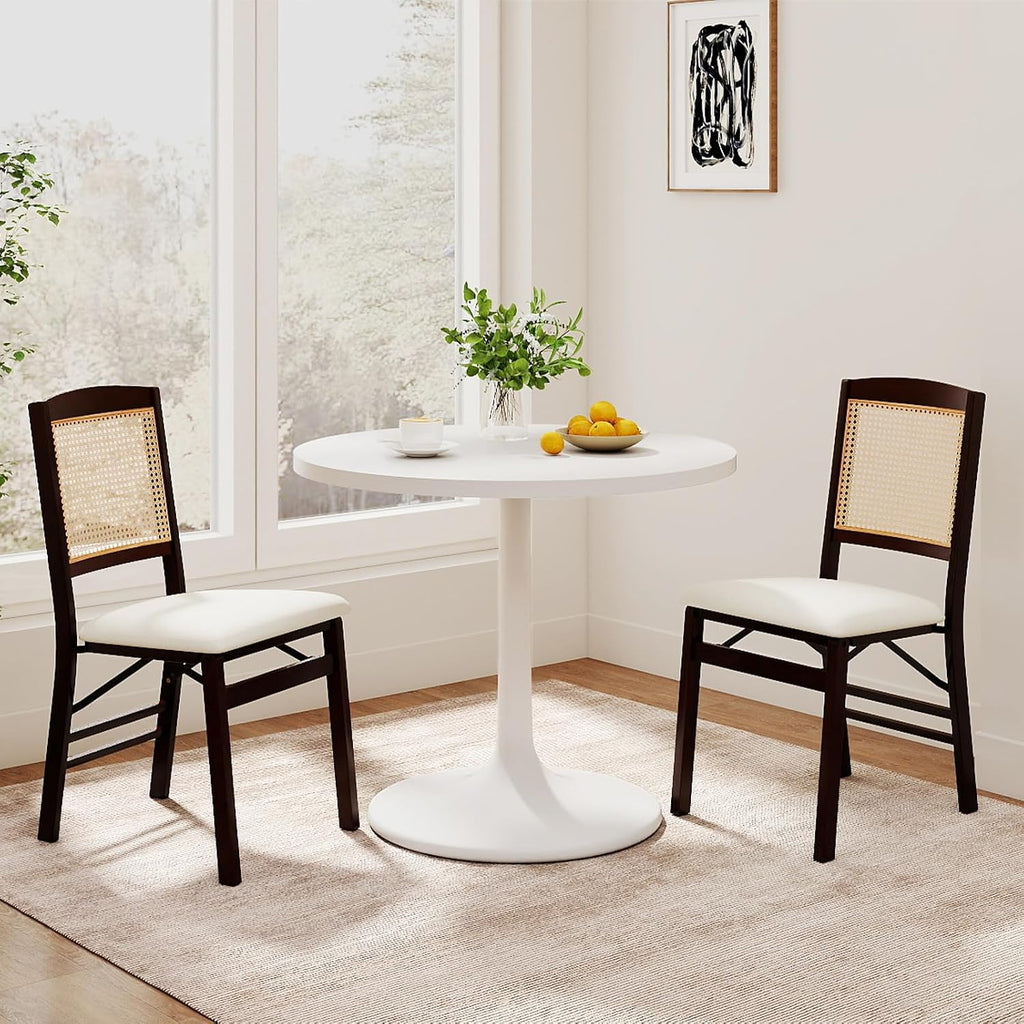 HAPPYGRILL Folding Dining Chairs Set of 2, Wood Kitchen Chair with Rattan Backrest & Padded Seat, Foldable Armless Side Chairs Set for Dining Room, Living Room, No Assembly (2, Espresso & Beige)