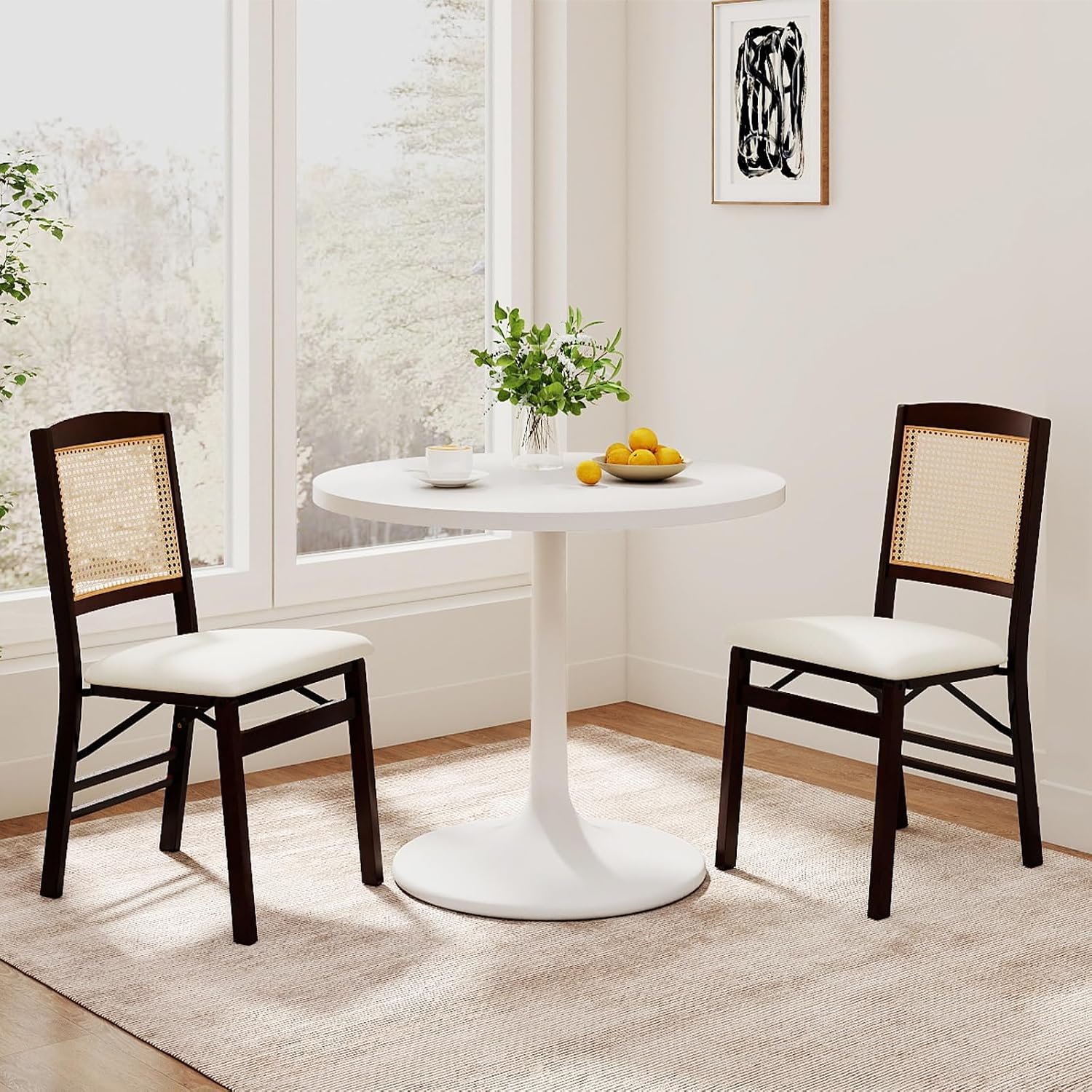 HAPPYGRILL Folding Dining Chairs Set of 2, Wood Kitchen Chair with Rattan Backrest & Padded Seat, Foldable Armless Side Chairs Set for Dining Room, Living Room, No Assembly (2, Espresso & Beige)