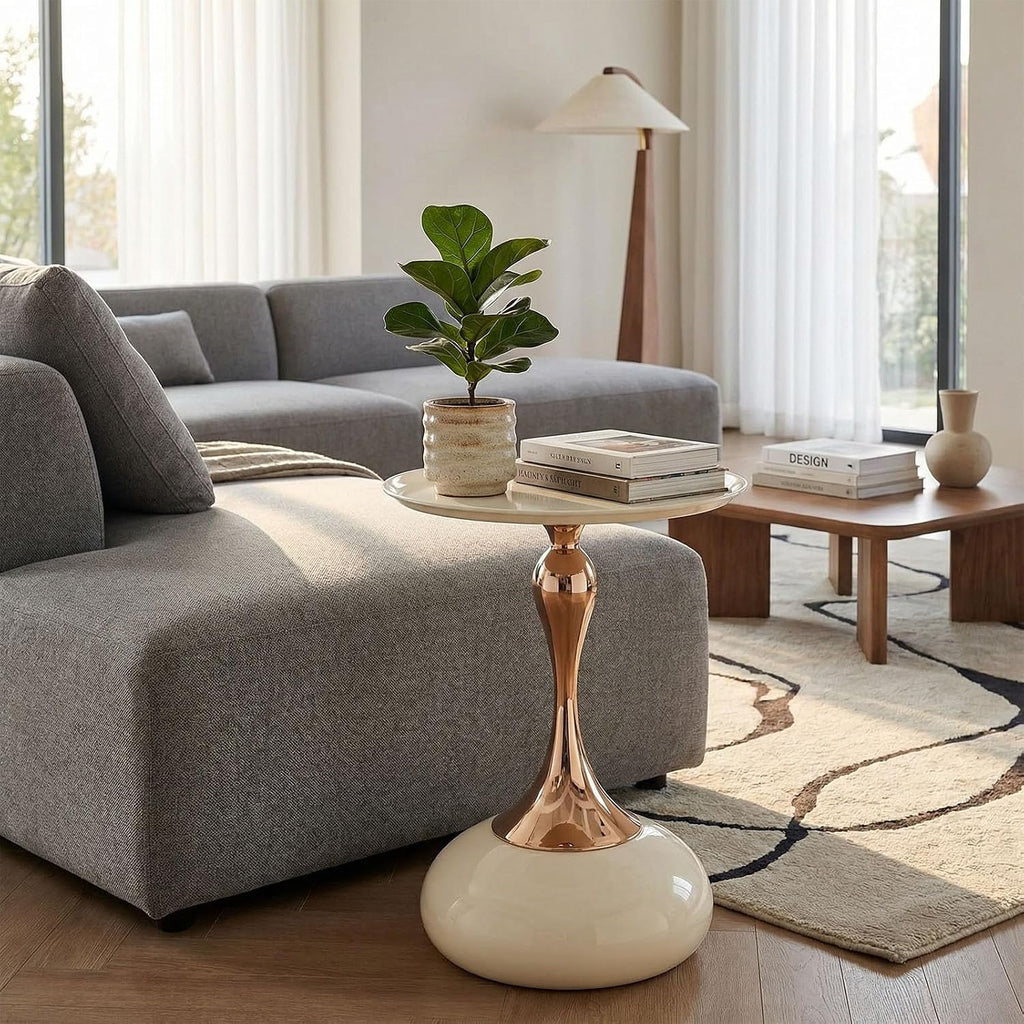 Elegant Modern Side Table Unique Hourglass Design Ideal for Living Rooms, Cafes, Dining Rooms, Bedrooms, and Outdoors Corner Round End Table (1 Set, White)
