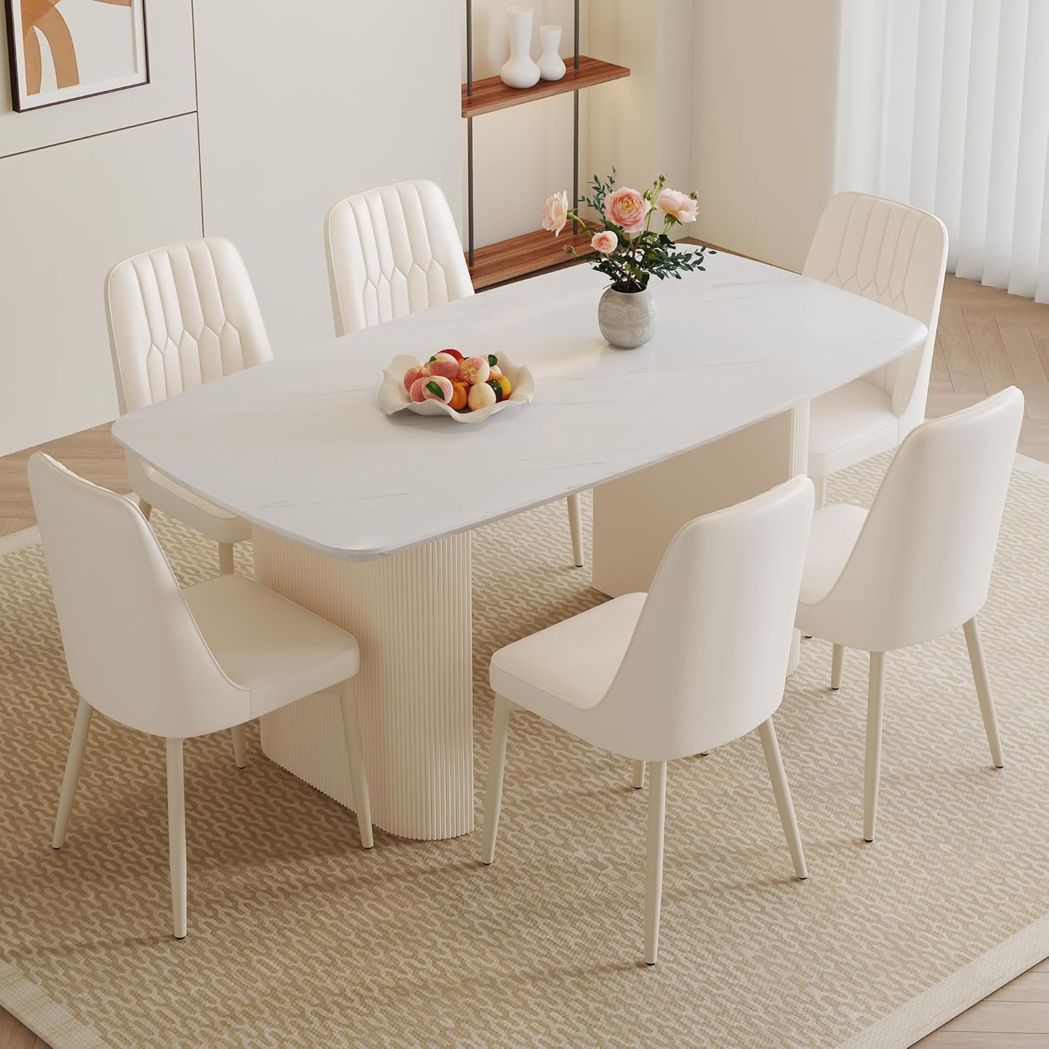 White Dining Table Set for 6, 67'' Marble Dining Table Set with 3.5'' Thick Cream White Oval Tabletop and Solid Column Base, Modern Kitchen Table Set with 6 Metal Legs Chairs
