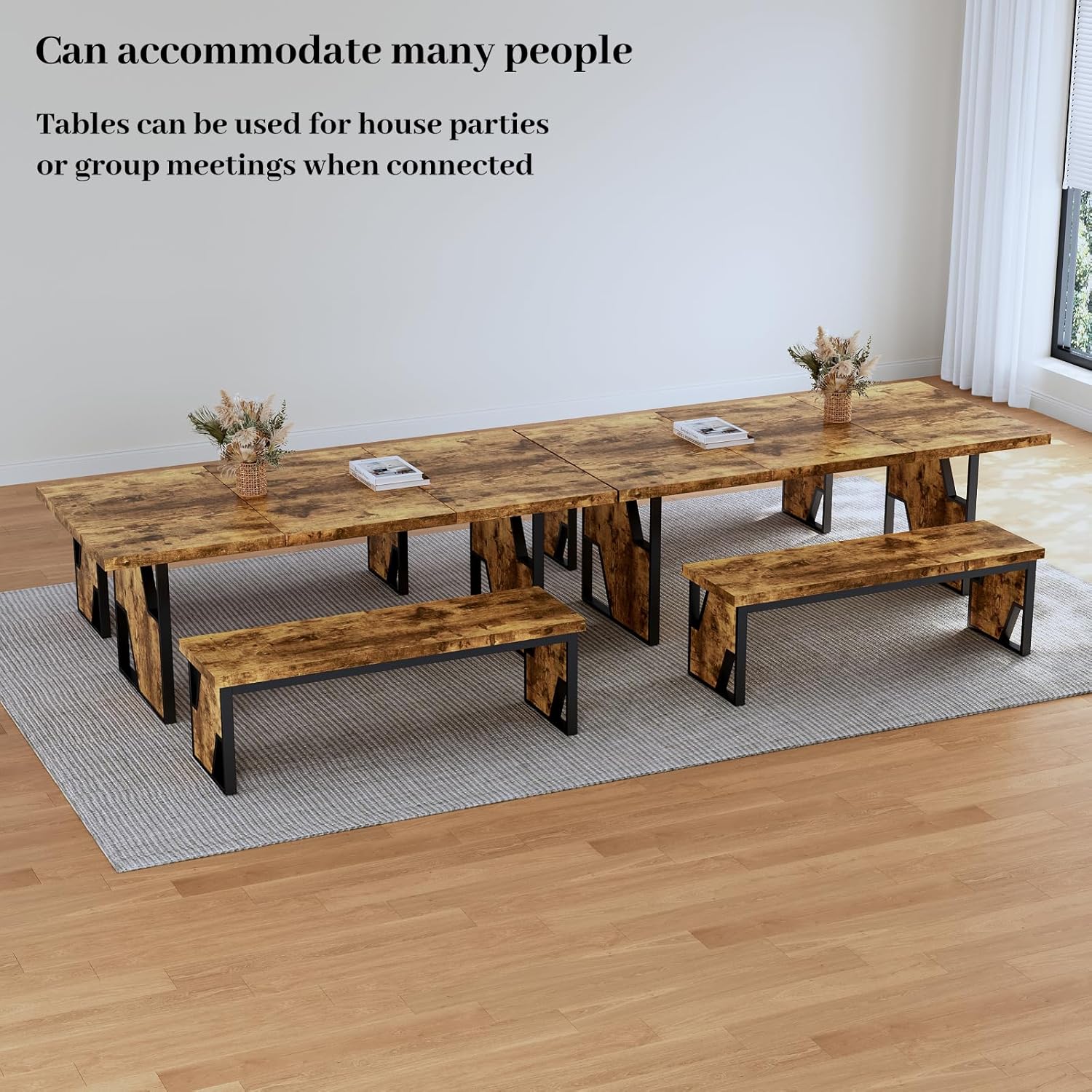 HIPIHOM 70.8" Wooden Dining Table with 2 Benches, Modern Kitchen Table and Chairs Set for 4-6 Person, Thickened MDF Wooden Table with Dining Bench for Living Dining Room, Kitchen, Office