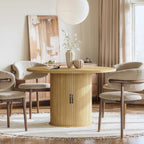 47" Round Dining Table for 4, Modern Fluted Circle Table with 2-Layer Storage and Sliding Door, Farmhouse Dinner Tables for Kitchen, Living Room, Natural
