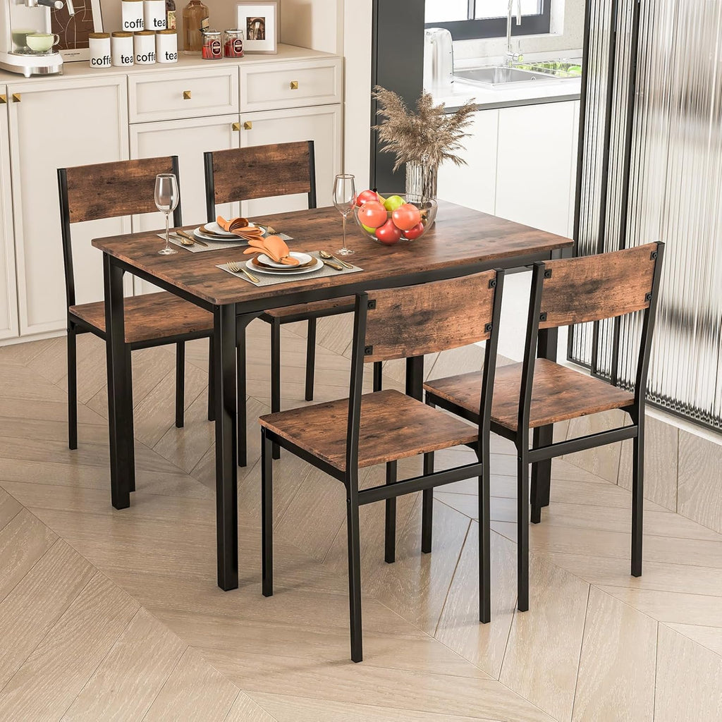 GOFLAME 5-Piece Dining Table Set, Industrial Kitchen Table and Chairs for 4 with Backrest and Metal Frame, Rectangular Space-Saving Dinette Set for Dining Room, Apartment, Small Space, Rustic Brown