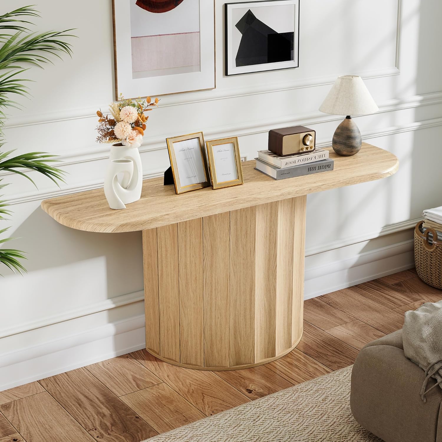 59'' Fluted Console Table for Entryway, Narrow Console Table Wooden Sofa Tables Behind Couch, Modern Curved Accent Table for Hallway, Living Room, Entrance, Foyer (Natural)