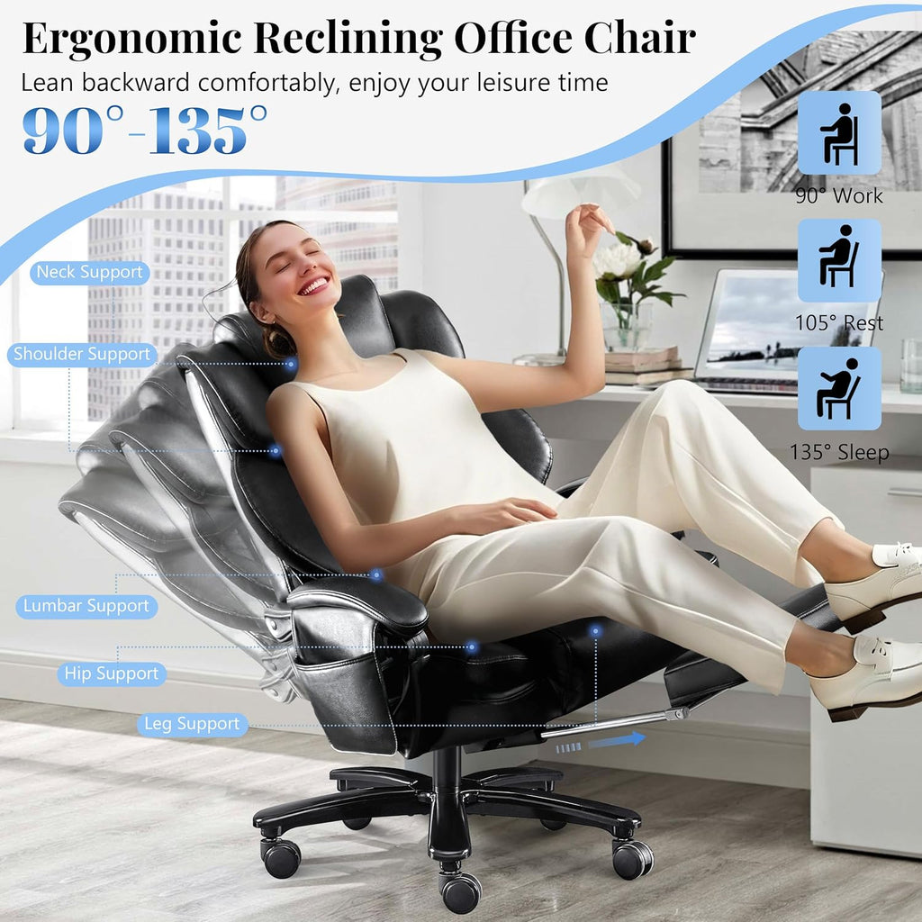 650LBS Massage Office Chair, PU Big and Tall Office Chairs with Vibration Kneading 4-Points, Oversized Ergonomic Reclining Executive Chair with Footrest, High Back Thick Cushion Gaming Chair,Black