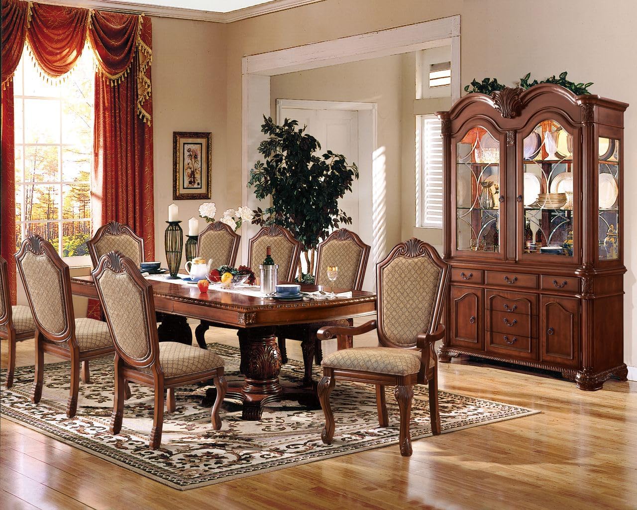 Kitchen Furniture Set 9pc Formal Dining Table Set Include 1 Dining Table, 6 Side Chairs and 2 Arm Chairs, 8-Person Solid Wood Extendable Dining Set (Cherry&Fabric)