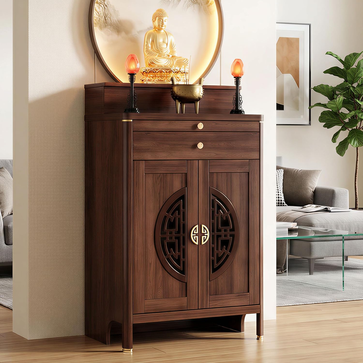 Personal Shrine Altar Table, Buddhist Altar De Muertos De Madera, Solid Wood Meditation Prayer Table, Buddha Niche Shrine Tables, Chinese Style Offering Tables Pooja Shrine (30.7in, Wood)
