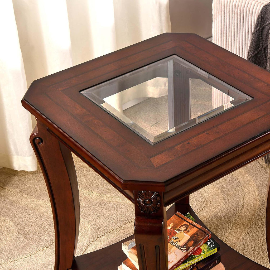 PADMA HOUSE Set of 2 Solid Wood Small End Table with Glasstop, Vintage Square Sofa Side Table with Storage Shelf and Curved Legs, 2-Tier Bedside Tables Nightstand in Cherry,19.7" Dx23.8 H