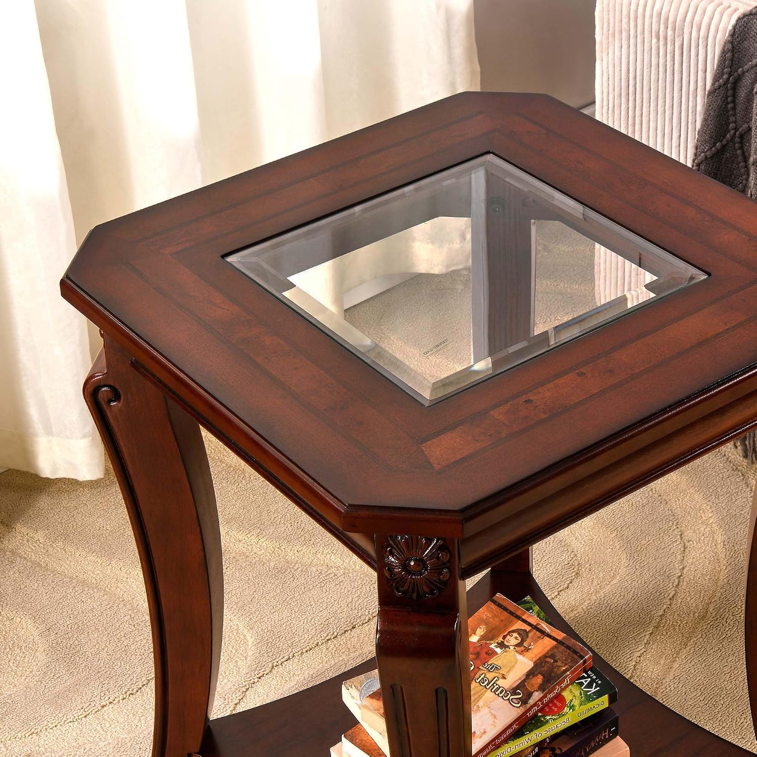 PADMA HOUSE Set of 2 Solid Wood Small End Table with Glasstop, Vintage Square Sofa Side Table with Storage Shelf and Curved Legs, 2-Tier Bedside Tables Nightstand in Cherry,19.7" Dx23.8 H