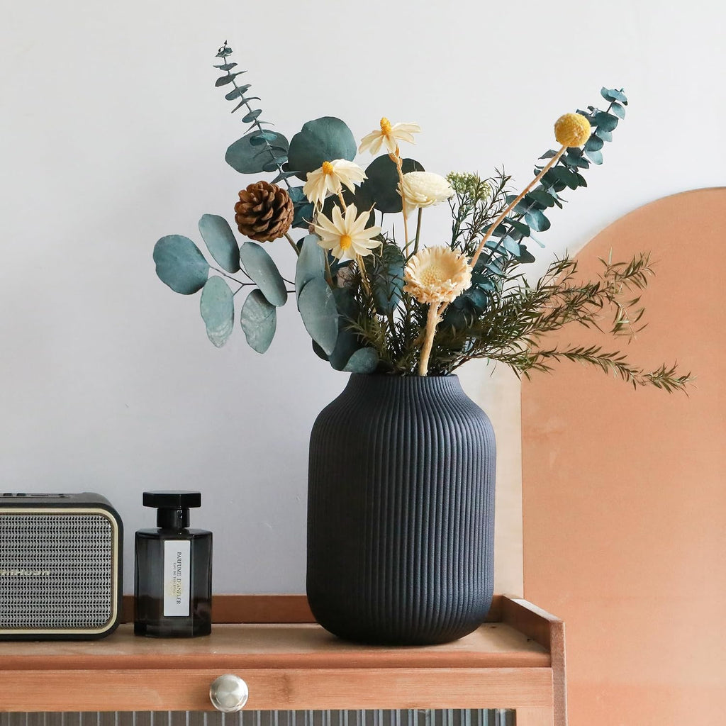 flature Ceramic Vase with Grooves - Waterproof Flower Vase in Matte Black for Fresh Flowers, Dried Flowers, Pampas Grass, Large 7.9" Tall Vase as a Gift, Decoration for Living Room, Bedroom, Office.