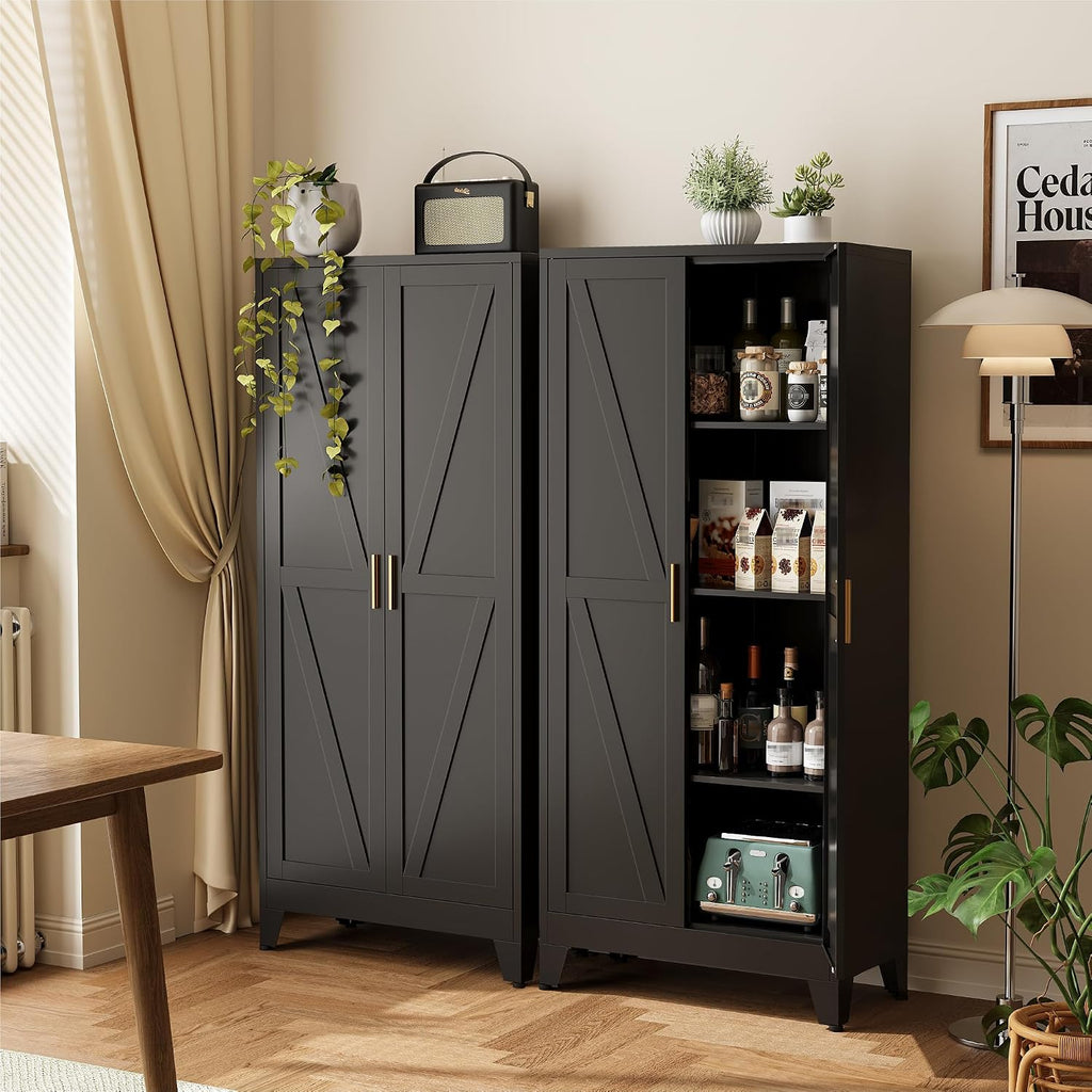 COFaR 61" Metal Pantry Cabinet in Black, Modern Storage Cabinet with Adjustable Shelves, Sturdy Metal Cupboard for Kitchen, Office, Living Room & Bathroom Organization