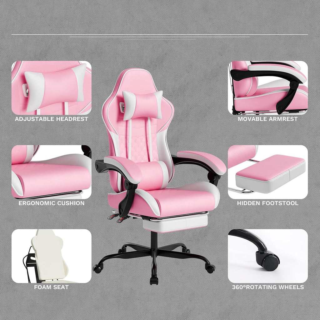 Video Gaming Chair, Ergonomic Computer Chair with Massage Lumbar Support, 90°-135° Reclining High Back Gaming Chair with Footrest, Adjustable Height 360° Swivel PU Leather Office Chair for Adults
