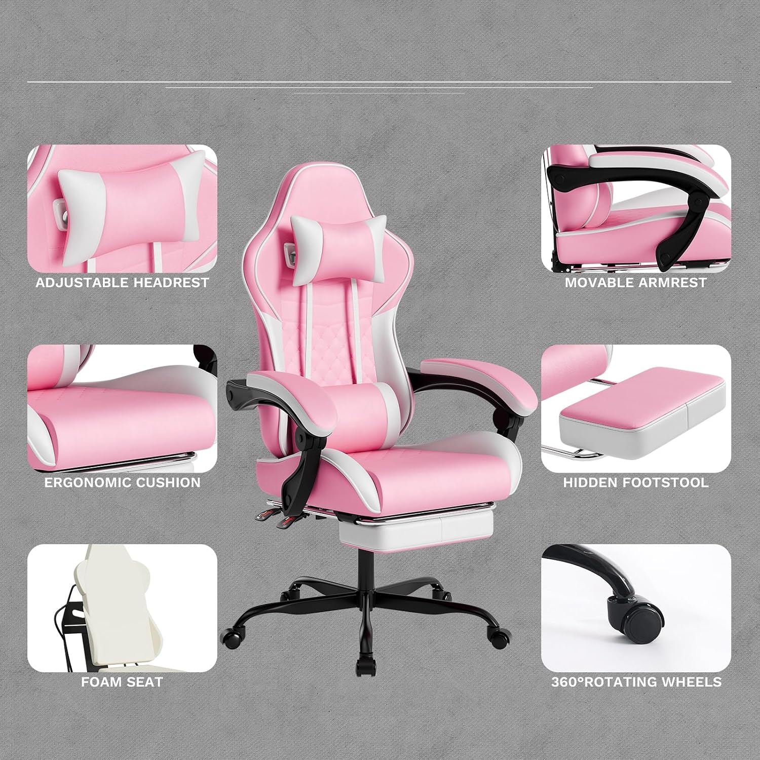 Video Gaming Chair, Ergonomic Computer Chair with Massage Lumbar Support, 90°-135° Reclining High Back Gaming Chair with Footrest, Adjustable Height 360° Swivel PU Leather Office Chair for Adults