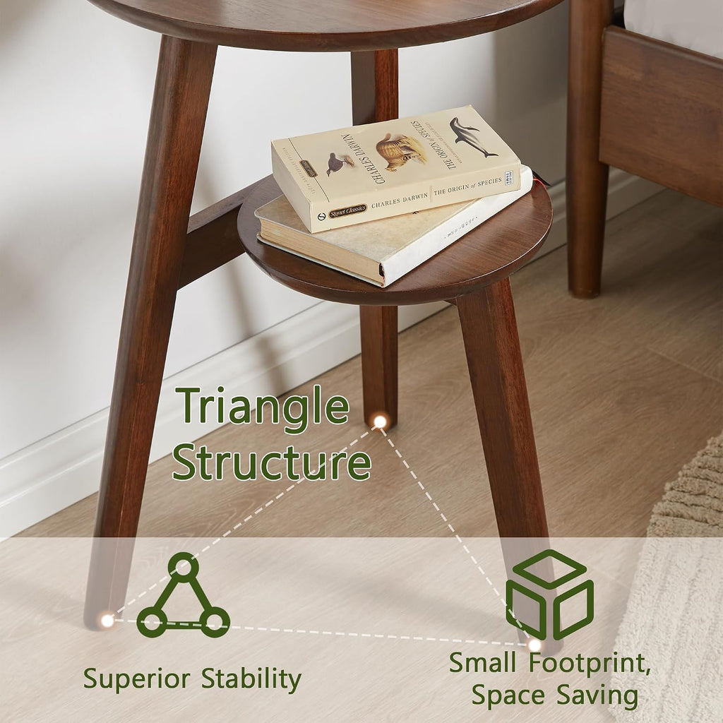Mid Century Modern Side Table - 2-Tier Round End Tables Living Room, Walnut End Table Nightstand, Small Round Coffee Table Accent, Mid Century End Table, Oak
