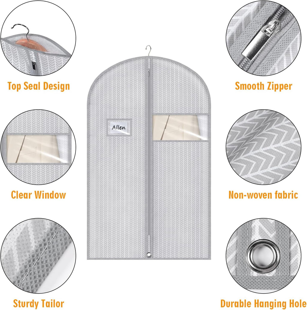Syeeiex 40" Suit Bag, Set of 5 Garment Bags for Hanging Clothes, Suit Bags for Closet Storage, Garment Bags for Storage Suits,T-shirts, Jackets and Coats(Grey Arrow)
