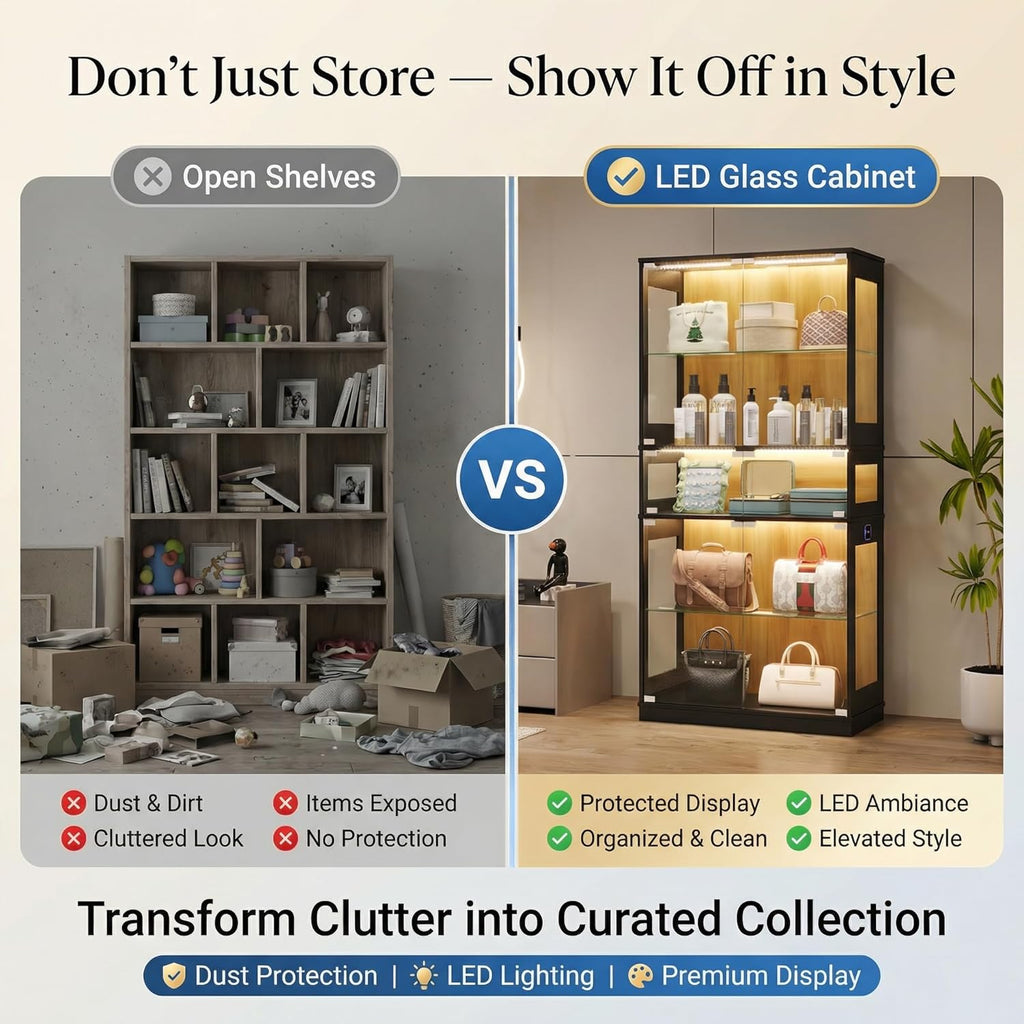 Display Cabinet with Glass Doors & LED Lights, 5 Tier Lighted Display Case for Figurines Collectibles, Tall Curio Storage Cabinet with Motion Sensor, 5 Shelves Living Room Bookcase (Black+Oak)