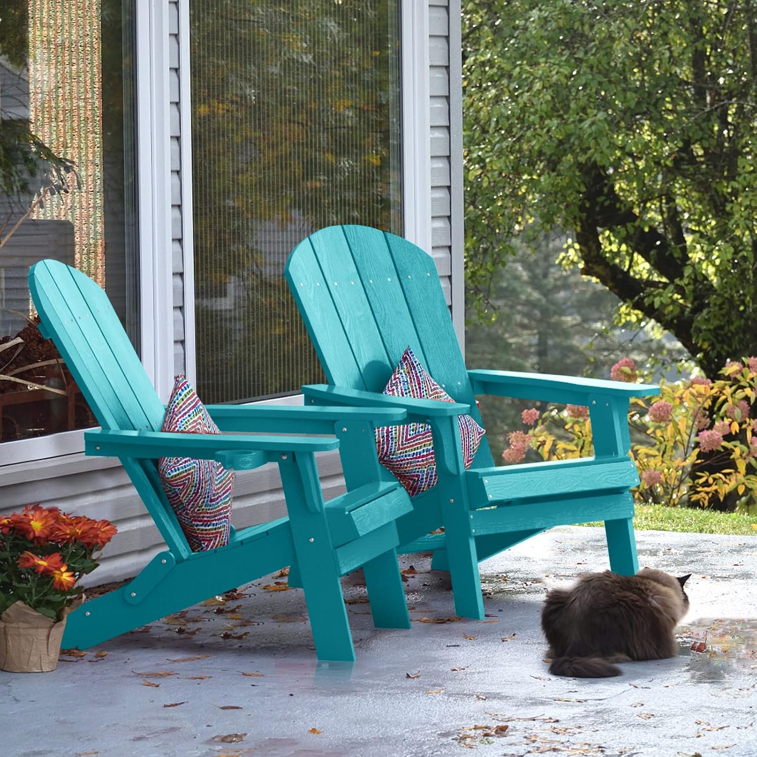 YEFU Adirondack Chair Set of 2, Folding Oversized Plastic Adirondack Chair with Cup Holder, Lawn Chair with Weather Resistant for Outdoor Deck Garden, Weight Capacity Up to 400 Lbs–Aruba