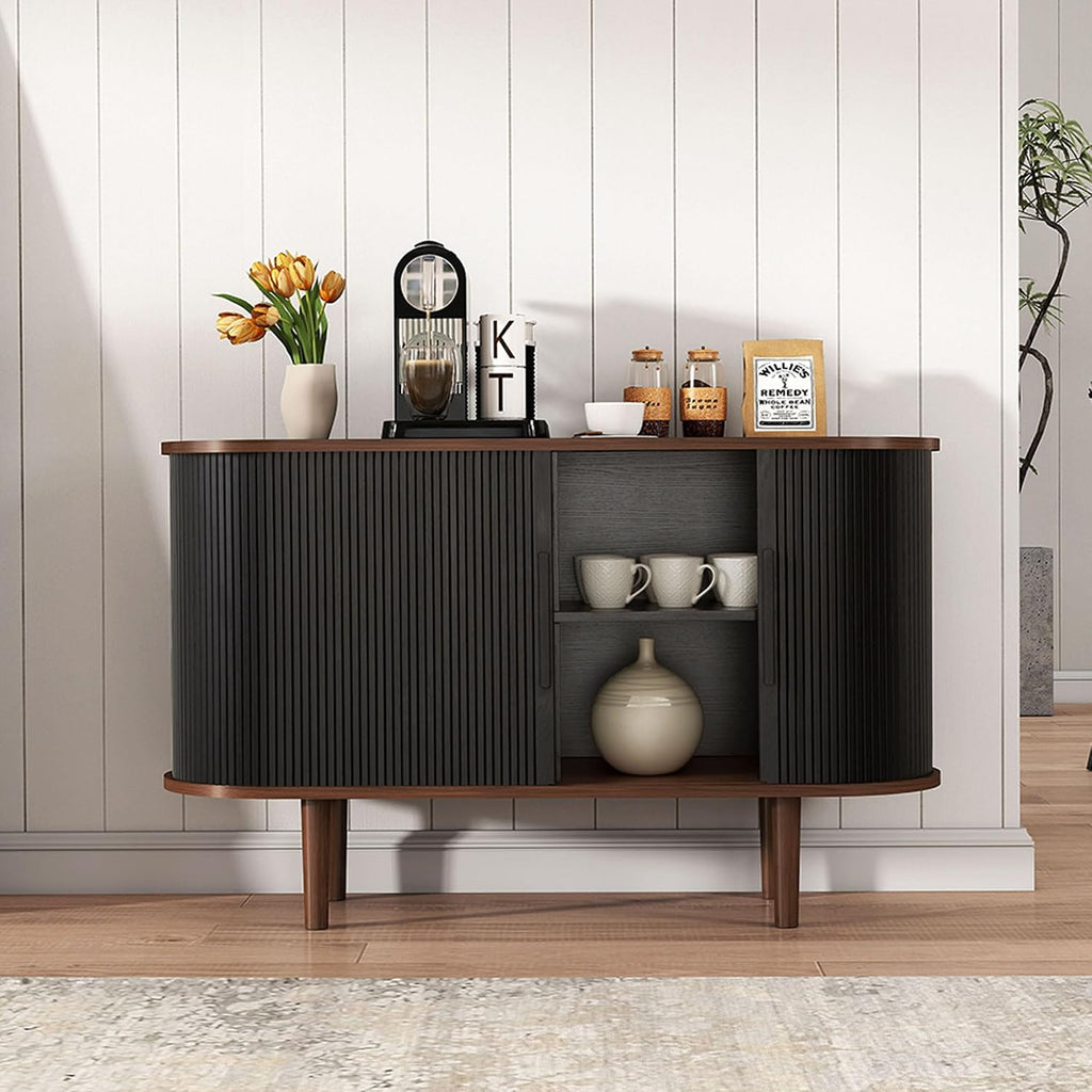 47" Modern Buffet Cabinet with Charging Station, Mid-Century Fluted Sideboard Table, Rounded Console with Storage & USB/Type-C Ports for Dining Room Kitchen Coffee Bar, Black