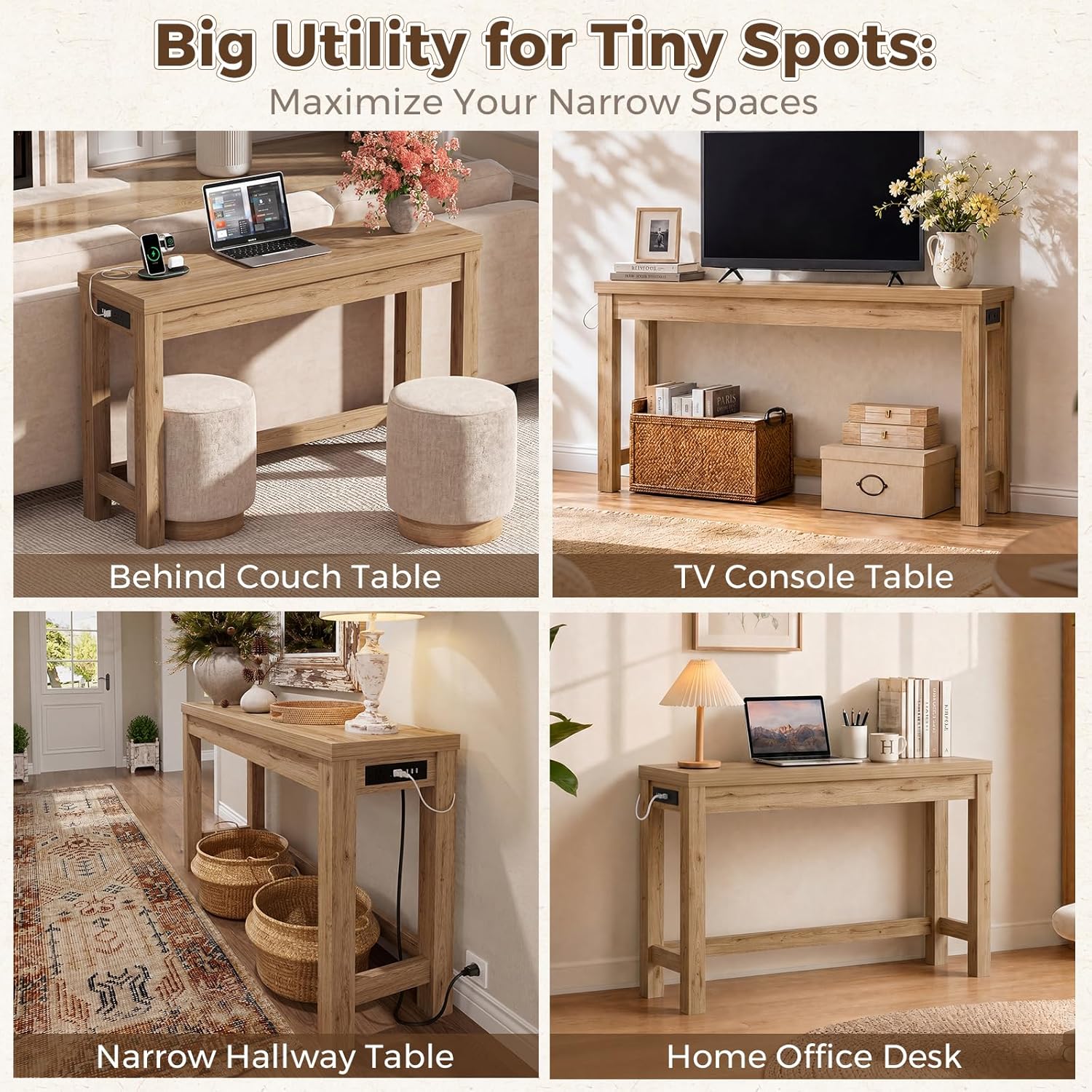 Cyclysio 47" Console Tables for Entryway, Narrow Console Tables for Living Room, Behind Couch Table, Sturdy Wood Support Hallway Table with 3AC+2USB Charging‌ Station, Natural Oak