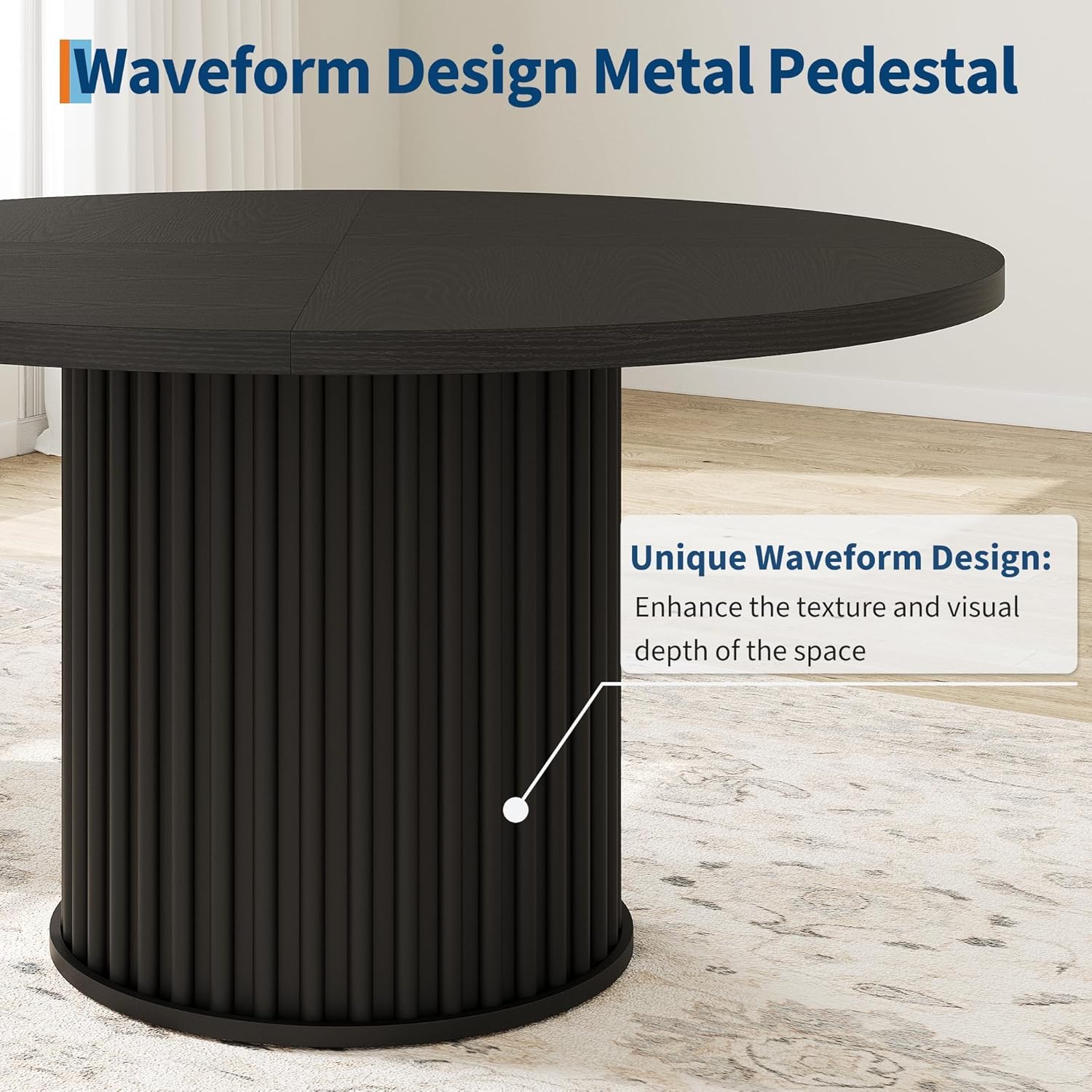 GarveeHome 47Inch Round Dining Table for 4-6 People, Black Dining Room Table with Sturdy Waveform Metal Pedestal Base, Industrial Circle Kitchen Table for Dining Room, Kitchen