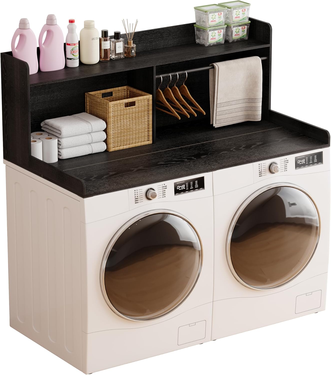 Unionly 2-Tier Washer Dryer Countertop with Clothes Rail，Laundry Topper with Edge and Non-Slip Pad for Washer and Dryer Laundry Hamper Counter Storage Organization (Black, Full)