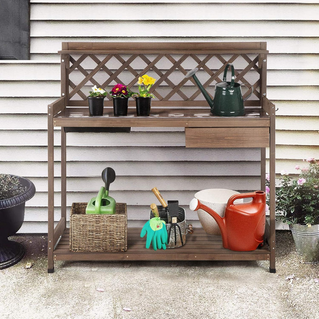 GUTINNEEN Potting Bench with PVC Layer, Sink, Lid, Gardening Work Bench Wooden Planting Table Outdoor with Storage, Drawer, Shelf, Hook