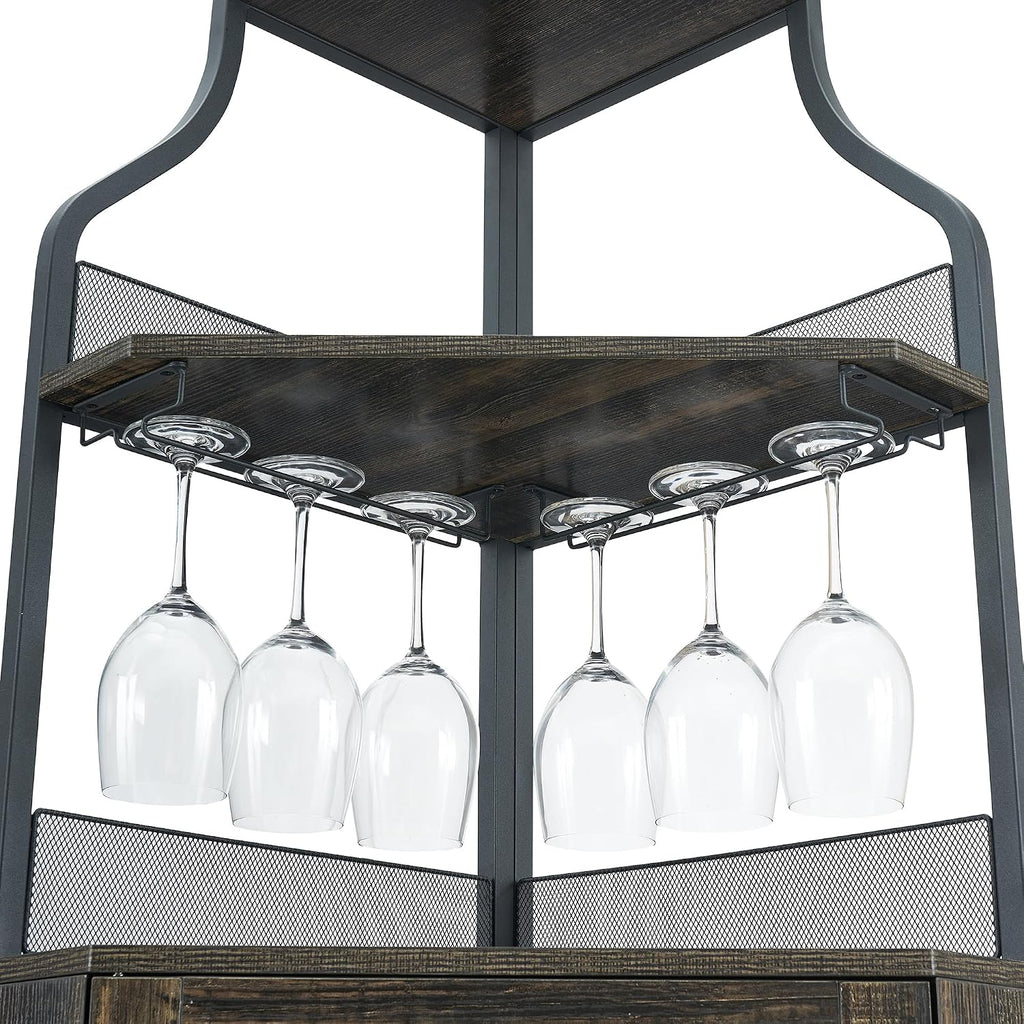Corner Wine Bar Rack Cabinet with Detachable Wine Rack, Bar Cabinet with Glass Holder, Small Sideboard and Buffet Cabinet with Mesh Door (Dark Rustic Oak)