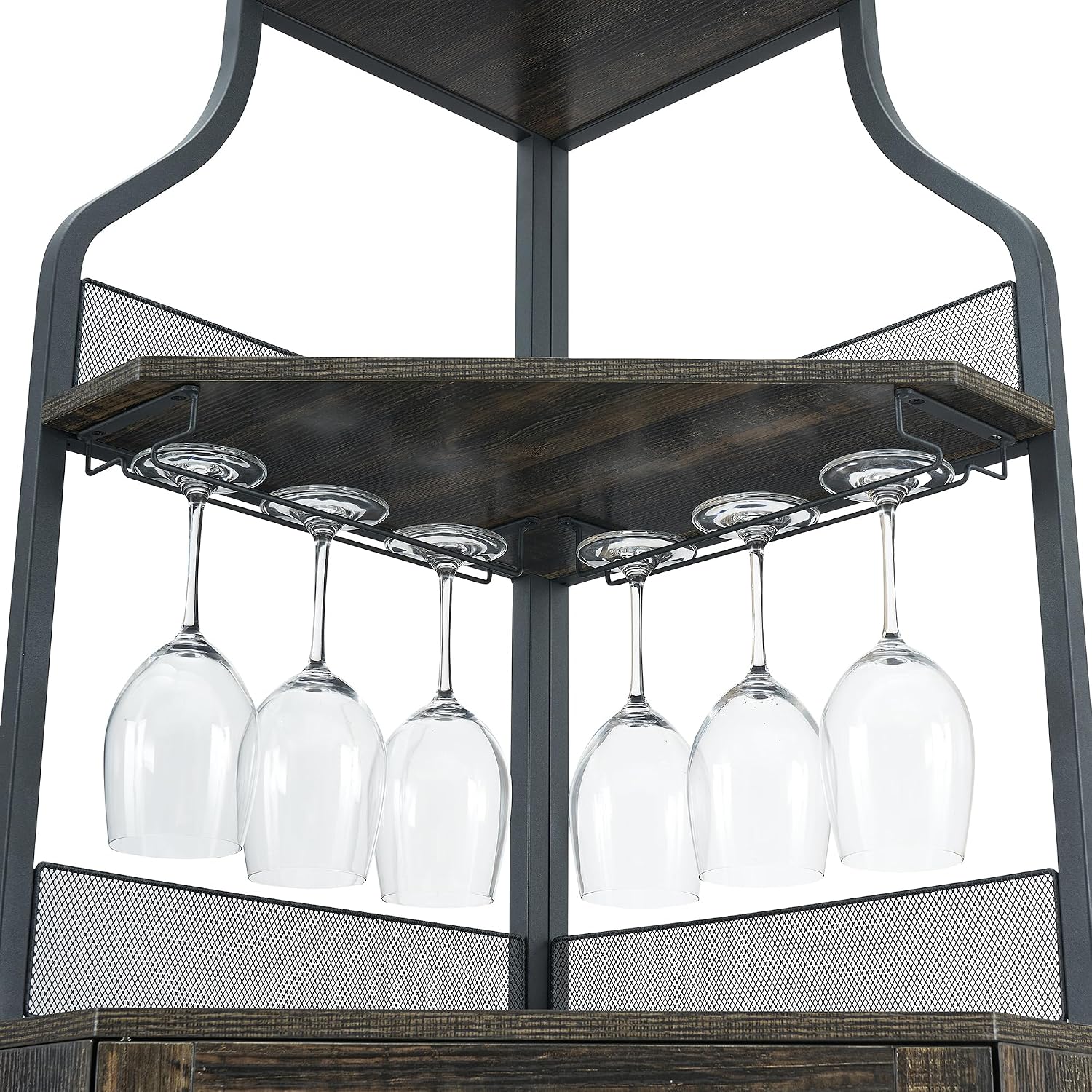 Corner Wine Bar Rack Cabinet with Detachable Wine Rack, Bar Cabinet with Glass Holder, Small Sideboard and Buffet Cabinet with Mesh Door (Dark Rustic Oak)