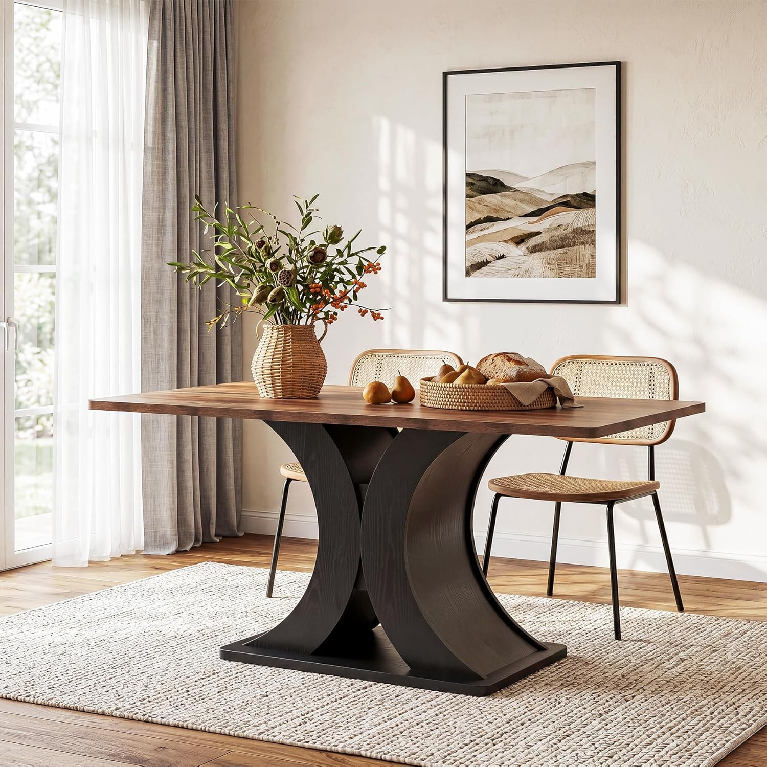 Tribesigns 55-Inch Dining Table for 4-6, Farmhouse Kitchen Dinner Table with Heavy Duty Pedestal, Rectangle Wooden Eating Table for Dining Room, Kitchen, Black & Brown