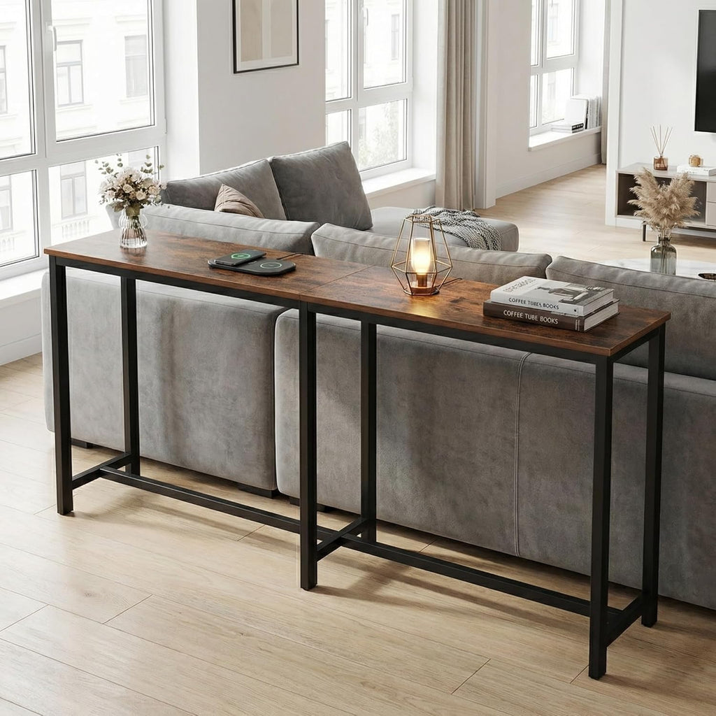 Homleke 71" L Narrow Bar Table, Counter Height Pub Desk, Rustic Brown and Black