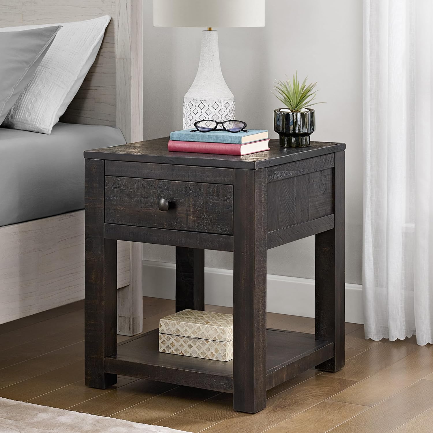Alaterre Furniture Durham Bedroom Nightstand - 20in Small Side Table Set with Storage Drawer and Shelf - Solid Wood Modern Farmhouse Night Stands for Living Room or Bedroom (Dark Brown)