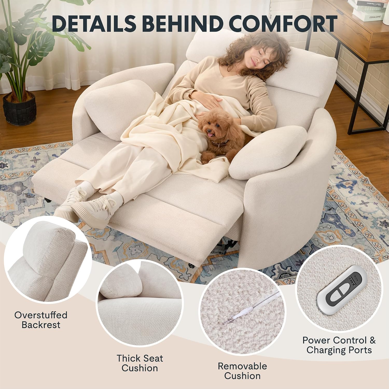 FLEXISPOT Mochi Oversized 54" Power Recliner Chair for Big and Tall Adults, Chenille Fabric Electric Recliner with USB & Type-C Ports, Wide Single Sofa with Pillows for Living Room & Bedroom, Beige