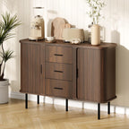 47'' Fluted Cabinet with Storage, Walnut Buffet Cabinet Sideboard with Sliding Door, 3 Drawers & Adjustable Shelf, Mid Century Coffee Bar, Curved Edge Design Storage Cabinet for Kitchen, Living Room