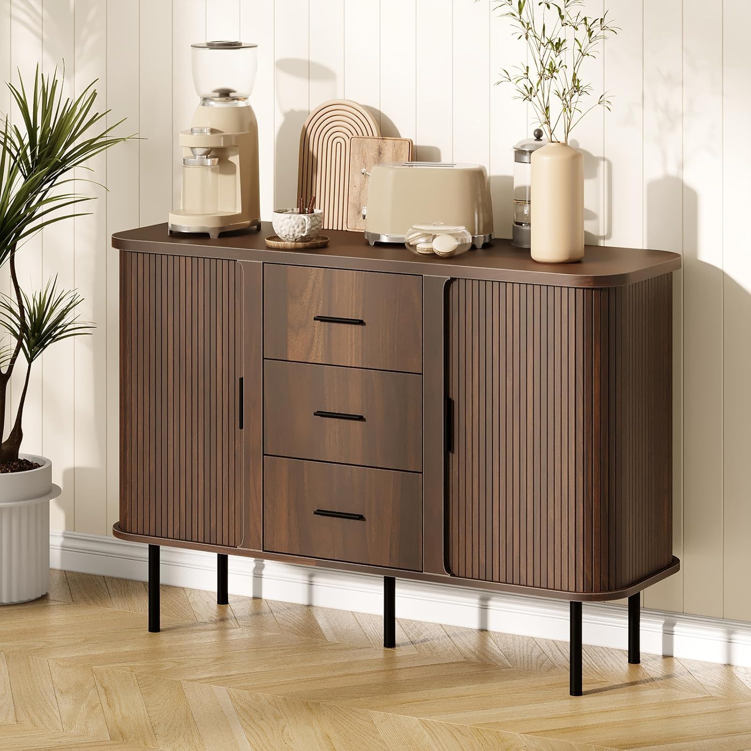47'' Fluted Cabinet with Storage, Walnut Buffet Cabinet Sideboard with Sliding Door, 3 Drawers & Adjustable Shelf, Mid Century Coffee Bar, Curved Edge Design Storage Cabinet for Kitchen, Living Room