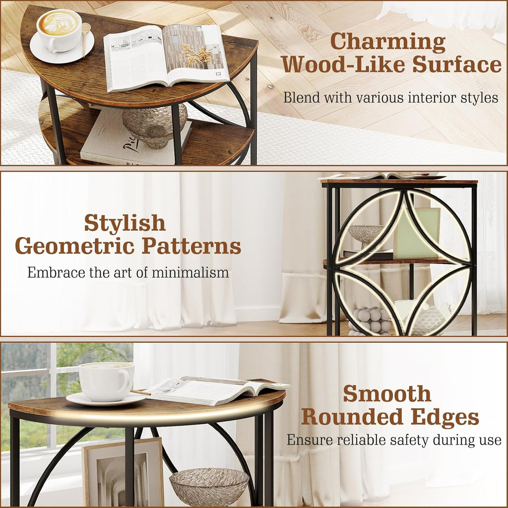 Giantex Half Round End Table - 3-Tier Narrow Sofa Side Table w/Study Metal Frame & Storage Shelves, Half Moon Circle Bedside Night Stand for Living Room Bedroom Small Spaces (Rustic Brown,1)