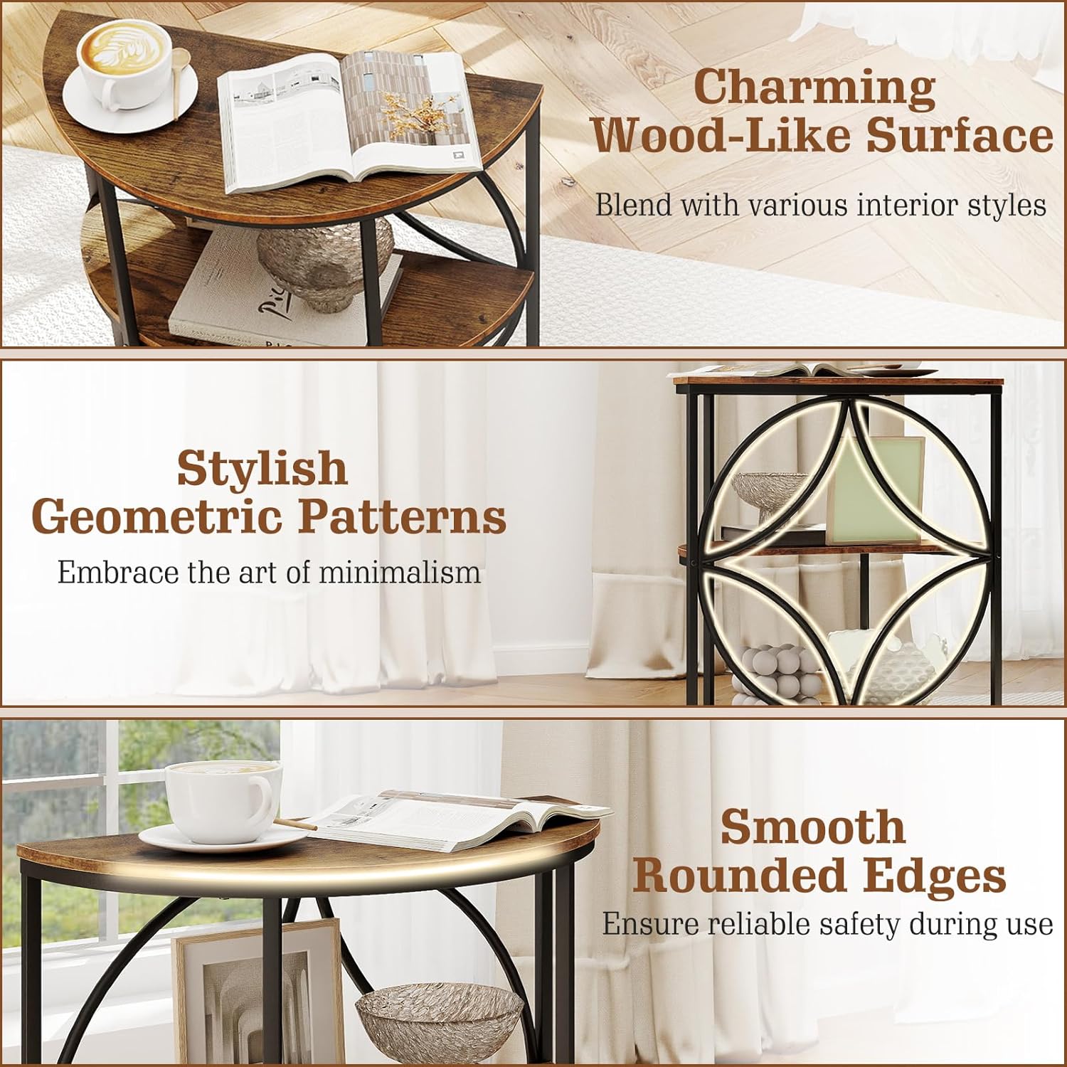 Giantex Half Round End Table - 3-Tier Narrow Sofa Side Table w/Study Metal Frame & Storage Shelves, Half Moon Circle Bedside Night Stand for Living Room Bedroom Small Spaces (Rustic Brown,1)