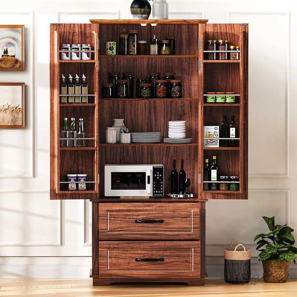 Pantry Cabinet with 2 Large Drawers, Embossed Texture Freestanding Cupboard with 8 Door Shelves and 3 Cabinet Shelves for Kitchen, Dining Room, Living Room