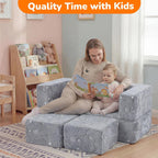 MeMoreCool Dinosaur Glow Foam Kids Play Couch Set, Gray Modular Sofa & Lounger – Glow-After-Light Dinosaur Pattern, Machine-Washable Cover