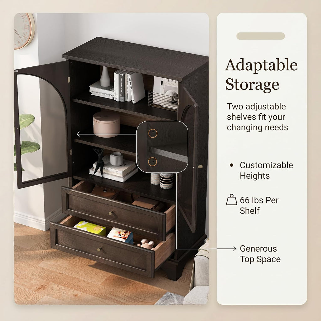 52.17" Tall Display Cabinet with Arched Glass Doors (Brown) | Farmhouse Curio Cabinet Display Case with 2 Storage Drawers and Adjustable Shelves, Glass Display Cabinets for Living Room