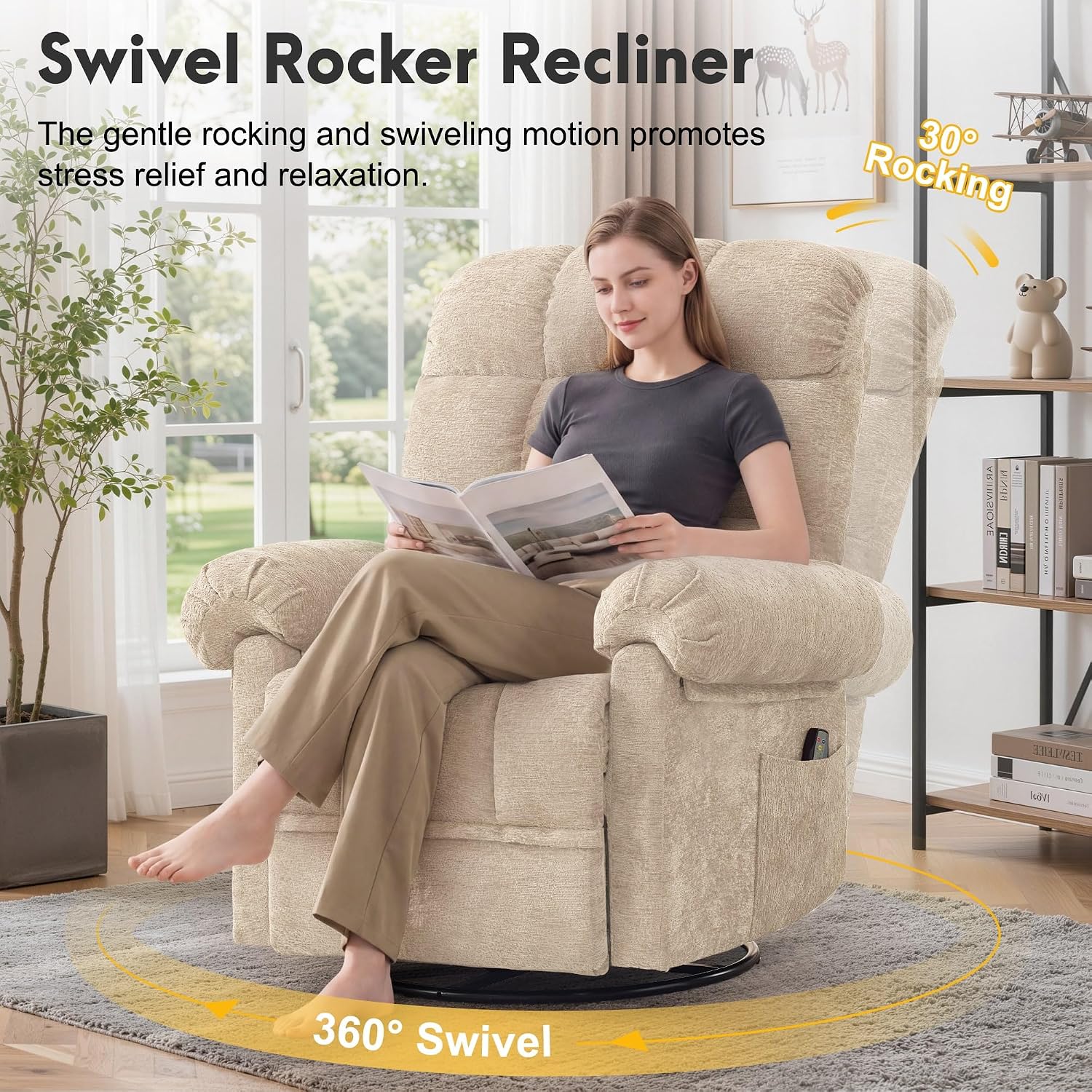 Korser 360° Swivel Rocker Recliner Chair, Rocking Chair Nursery with Massage and Heat, Small Recliners for Small Space, Manual Recliner Chair with Cozy Chenille Fabric, Side Pockets for Living Room