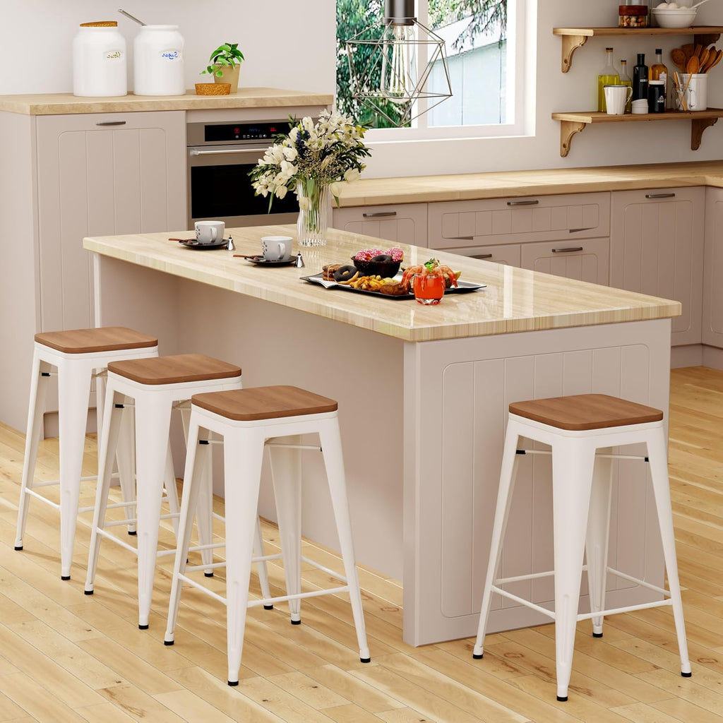 Andeworld Bar Stools Set of 2 Stackable Metal Bar Stools Industrial Counter Height Stools Backless Barstools with Wooden Seats (26 inch, White with Wooden Seats)