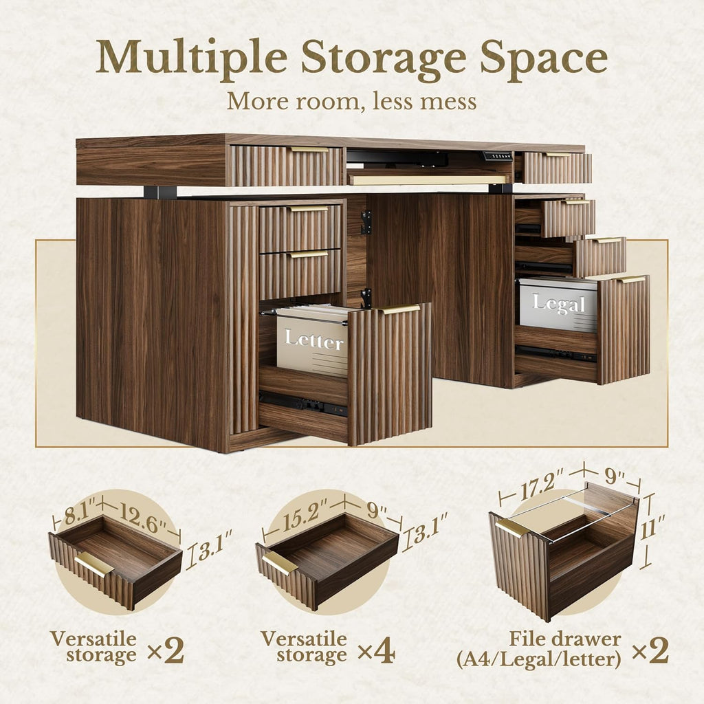 59 Inch Standing Desk with Storage Drawers, Executive Electric Height Adjustable Desk with Keyboard Tray, File Cabinet and AC/USB, Fluted Stand Up Desk with Privacy Panel, Black Walnut