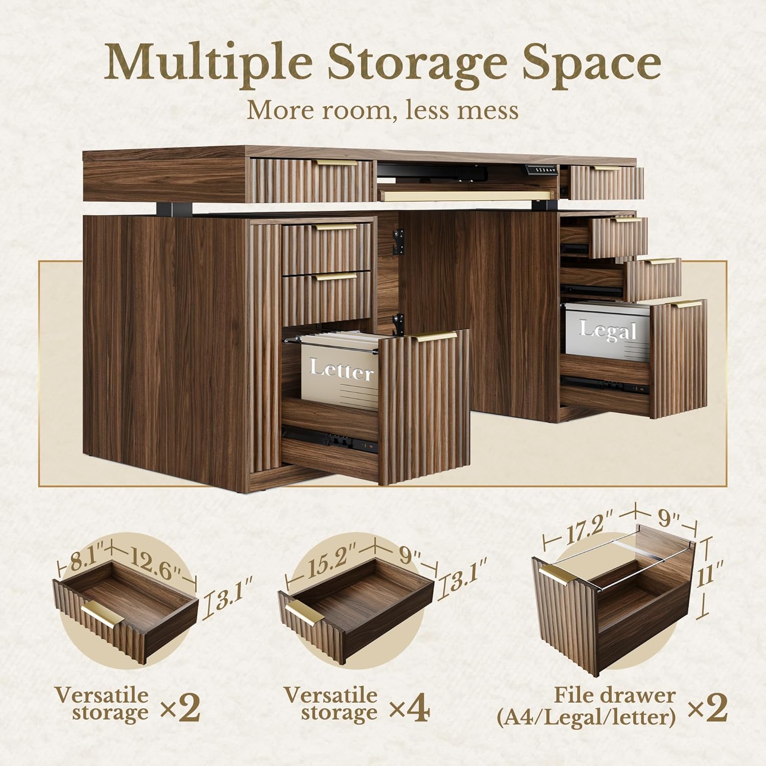59 Inch Standing Desk with Storage Drawers, Executive Electric Height Adjustable Desk with Keyboard Tray, File Cabinet and AC/USB, Fluted Stand Up Desk with Privacy Panel, Black Walnut